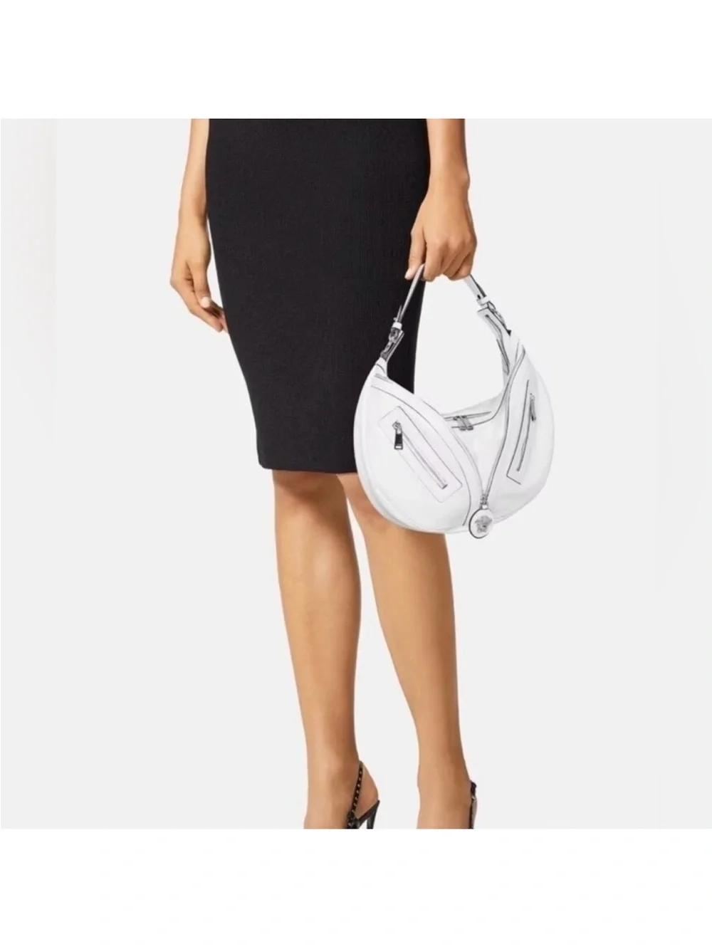 Versace Optical White Calfskin Crescent Hobo Shoulder Bag Silver Hardware
